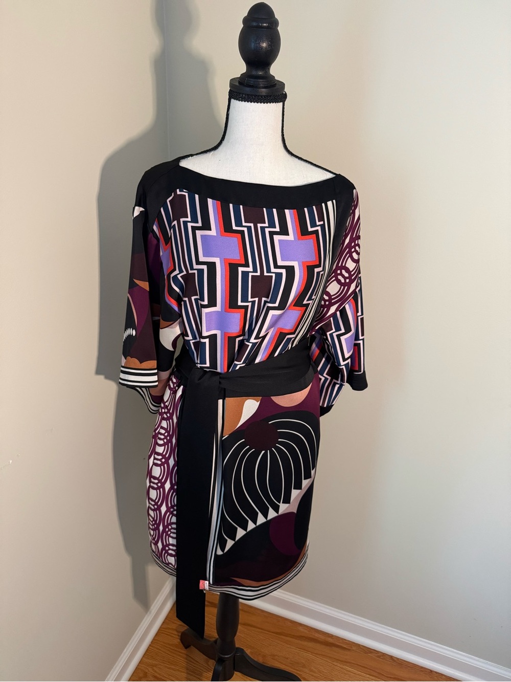 Trina Turk Purple, Black & Rust Geometric Print Shift Dress with Belt